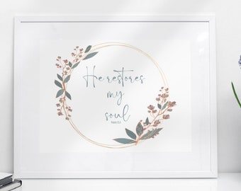 Arte de pared de versículos bíblicos imprimibles, Arte digital de las Escrituras, Salmos 23:3