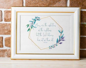 Arte de pared de versículos bíblicos imprimibles, arte digital de las Escrituras, Salmos 34:19