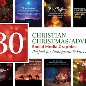 May include: A collection of 30 social media graphics for Christian Christmas and Advent. The graphics feature a variety of images and text, including a star, a manger, a nativity scene, and a Christmas tree. The text includes quotes from the Bible and other Christian sources.