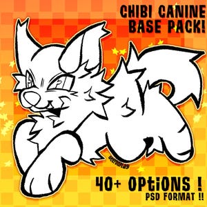 May include: A white line art illustration of a chibi canine on an orange background with text. The text reads "CHIBI CANINE BASE PACK!" and "40+ OPTIONS! PSD FORMAT !!". The canine has large ears and a fluffy tail.