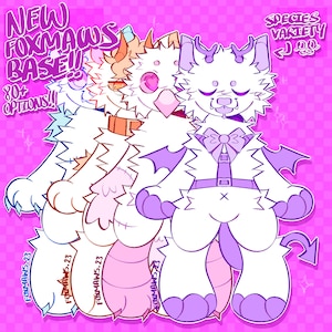 May include: A digital illustration of four stylized, anthropomorphic creatures with fluffy white fur, each with unique features like horns, wings, and accessories. Text reads "NEW FOXMAWS BASE!! 80+ OPTIONS!!" and "SPECIES VARIETY". The background is pink.