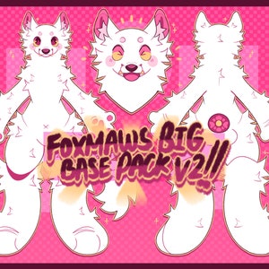 Könnte beinhalten: Digitaler Kunstdruck mit einem weißen Cartoon-Hund in drei Posen. Der Charakter hat rosa Akzente und befindet sich vor einem rosa Hintergrund mit dem Text "FOXMAWS BIG BASE PACK V2!!".
