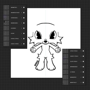 May include: A black and white cartoon illustration of a furry character with large eyes, paws, and a tail. The character is standing upright with its arms at its sides. The image includes a menu of options for customization.