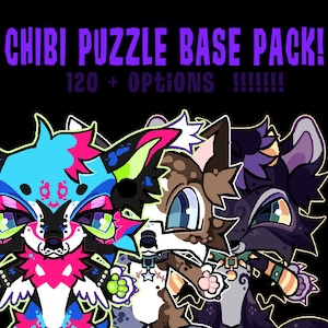 May include: A digital art image with the text "CHIBI PUZZLE BASE PACK!" and "120 + OPTIONS !!!!!!!" in purple. The image features three stylized cartoon animal faces in blue, brown, and purple with colorful accents, set against a black background.