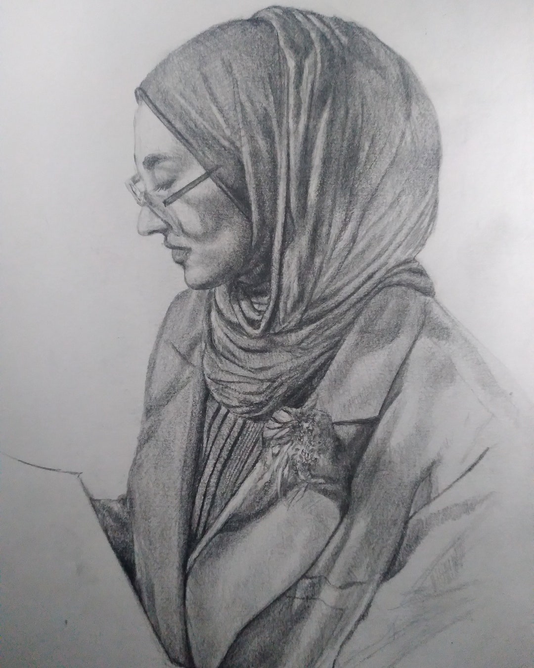 Woman Wearing Hijab Realistic Pencil Drawing Print 12 in X 8 In, Hijab