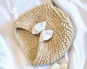 bonnet turban bébé  en laine avec noeud