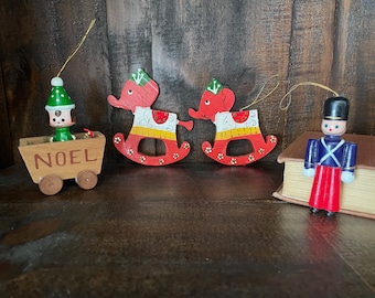 Vintage Christmas Ornaments - Hand Painted Wooden Ornaments - Set of 4