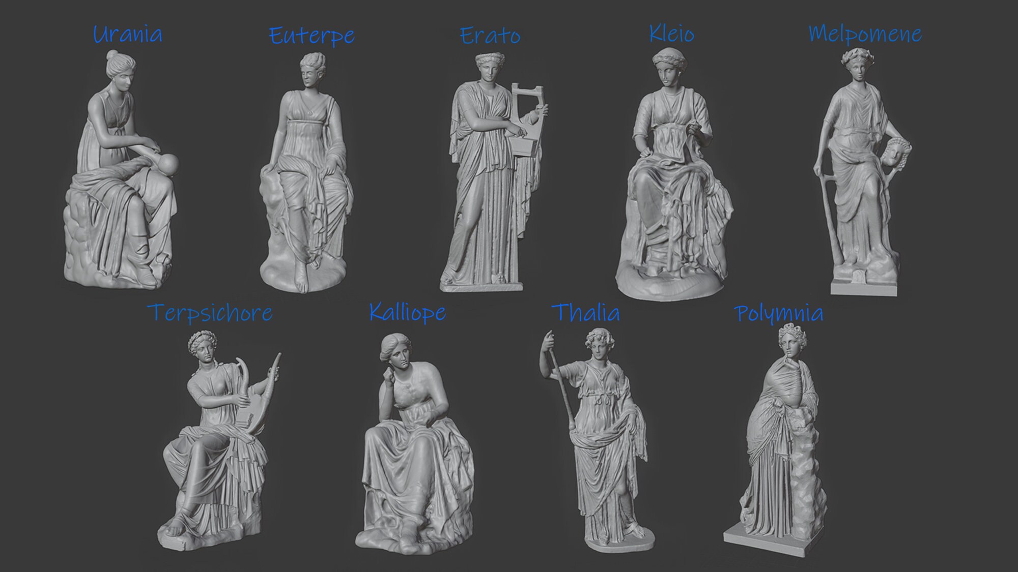 Clio Melpomene Euterpe Erato of 9 muses Ancient Greece Greek