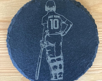 Personalised Slate Cricket Coaster any Name and Number - Customised Cricket Design