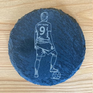 Personalised Slate Football Coaster any Name and Number - Customised Soccer Shirt Design