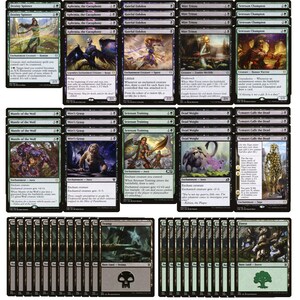 May include: A collection of 30 Magic: The Gathering cards, including green, black, and white cards. The cards feature various creatures, spells, and enchantments. The cards are arranged in a grid pattern on a black background.