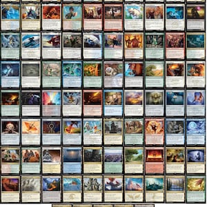 Puede incluir: Una colección de cartas coleccionables Magic: The Gathering, con diversas ilustraciones de fantasía y diseños de cartas. Las cartas muestran una gama de colores, incluyendo azul, rojo, verde y blanco, con ilustraciones detalladas de criaturas, hechizos y paisajes. Las cartas están dispuestas en una cuadrícula.