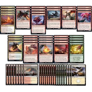 Puede incluir: Una colección de 40 cartas de Magic: The Gathering con dragones, goblins y otras criaturas de fantasía. Las cartas están dispuestas en filas y columnas, con los nombres de las cartas visibles en la parte superior de cada carta.