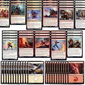 May include: A collection of Magic: The Gathering trading cards. The cards feature various illustrations, including samurai warriors, landscapes, and elemental effects. The color palette includes red, white, black, and gold.