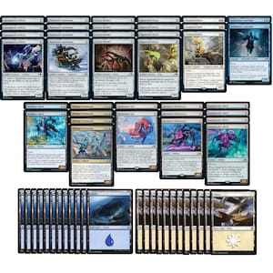 May include: A set of 40 Magic: The Gathering cards featuring blue and white creatures, vehicles, and lands. The cards include "Mobilizer Mech", "Prodigy's Prototype", "Mechanized Core", "Reckoner Bankbuster", "Surgehacker Mech", "Automaton Artificer", "Patchwork Automaton", "Circuit Mender", "Papercraft Decoy", "Cloudsteel Kirin", and "Replication Specialist".