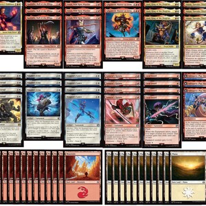 May include: A collection of Magic: The Gathering trading cards, featuring various characters and landscapes. The cards display vibrant artwork and text, with a mix of creature and land cards. The color scheme includes red, blue, and gold.