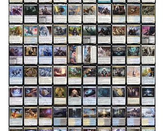 Könnte beinhalten: Ein Set mit 63 Magic: The Gathering Karten mit verschiedenen Illustrationen von Fantasy-Kreaturen, Landschaften und Charakteren. Die Karten sind in einem Raster angeordnet und haben einen schwarzen Rand mit weißem Text.