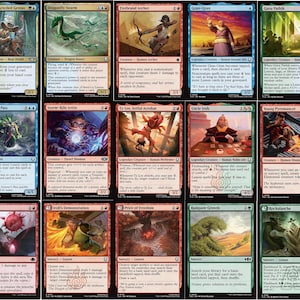 May include: A collection of Magic: The Gathering trading cards. The cards feature various fantasy creatures, spells, and characters. The cards are in English and have different colors and artwork.