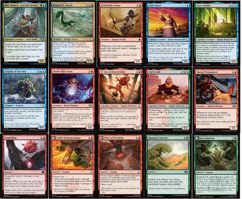 May include: A collection of Magic: The Gathering trading cards. The cards feature various fantasy creatures, spells, and characters. The cards are in English and have different colors and artwork.
