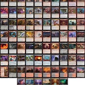 Puede incluir: Una colección de ochenta cartas coleccionables de Magic: The Gathering dispuestas en una cuadrícula. Cada carta presenta ilustraciones de fantasía, texto y símbolos únicos, mostrando diversos personajes, criaturas, hechizos y paisajes.
