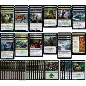 Op de afbeelding: Een verzameling van 37 zwarte en groene Magic: The Gathering kaarten met verschillende wezens, spreuken en landschappen. De kaarten omvatten "Ejerwisch", "Sedgmoor Witch", "Dina, Soul Seper", "Darmoyorh Wor-Eater", "Callous Bloodmage", "Plumb the Forbidden", "Mortality Spear", "Village Rites", "Hunt for Specimens", "Bastion of Remembrance", "Binding the Old Gods" en "Forest".