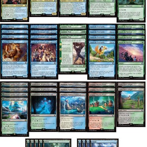 Könnte beinhalten: Eine Sammlung von Magic: The Gathering Sammelkarten. Die Karten zeigen verschiedene Fantasy-Kunst, darunter Kreaturen, Landschaften und Zaubersprüche. Die Karten sind auf Englisch und für das Gameplay konzipiert.
