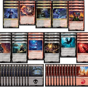 May include: A collection of Magic: The Gathering trading cards. The cards feature various fantasy art, including characters, spells, and landscapes. The color palette includes red, black, white, and blue. The cards are arranged in rows and columns, showcasing the diverse artwork and game elements.