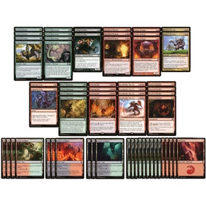 May include: A set of 60 Magic: The Gathering cards featuring black and red creatures, spells, and lands. The cards are arranged in rows and columns, with the names of the cards visible.