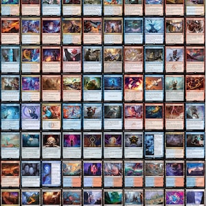 May include: A grid of Magic: The Gathering trading cards, each with unique artwork and text. The cards feature various colors and designs, showcasing fantasy creatures, spells, and landscapes. The cards are arranged in a neat, organized display.