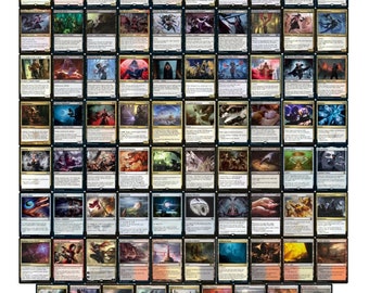 Könnte beinhalten: Ein Set mit 72 Magic: The Gathering Karten mit verschiedenen Illustrationen von Fantasy-Kreaturen, Landschaften und Charakteren. Die Karten sind in einem Raster angeordnet und haben einen schwarzen Rand.