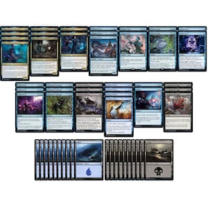 Könnte beinhalten: Ein Set mit 30 Magic: The Gathering Karten mit blauen und schwarzen Kreaturen, Zaubersprüchen und Ländern. Die Karten beinhalten "Tribute to Urborg", "Corpse Knight", "Eerie Interlude", "Island" und "Swamp".