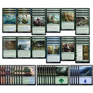 Könnte beinhalten: Eine Sammlung von 60 grünen und blauen Magic: The Gathering Karten mit verschiedenen Kreaturen, Zaubersprüchen und Ländern. Die Karten sind in Reihen und Spalten auf einem weißen Hintergrund angeordnet.