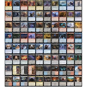 May include: A set of 63 Magic: The Gathering cards featuring various illustrations of fantasy creatures, landscapes, and characters. The cards are in a black border style with a white background.