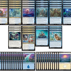 May include: A selection of Magic: The Gathering trading cards, showcasing creature and land cards. The cards have vibrant artwork and text, with titles such as "Deepway Navigator" and "Island". These cards are designed for gameplay.