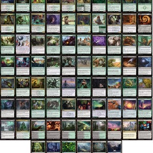 Peut inclure: Une collection de cartes à collectionner Magic: The Gathering. Les cartes présentent divers arts fantastiques, créatures et sorts. Les cartes sont disposées en grille, avec un mélange de couleurs et de motifs. Les cartes sont pour un jeu de cartes à collectionner.