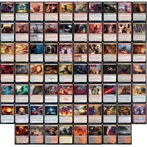 May include: A collection of 63 Magic: The Gathering cards featuring various illustrations and text. The cards are arranged in a grid pattern and are all black bordered.