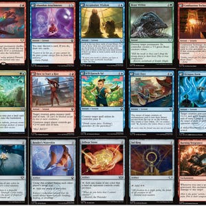 May include: A collection of Magic: The Gathering trading cards. Each card features unique artwork and text, with a variety of colors and themes. The cards are categorized by type, including instants, sorceries, and enchantments.