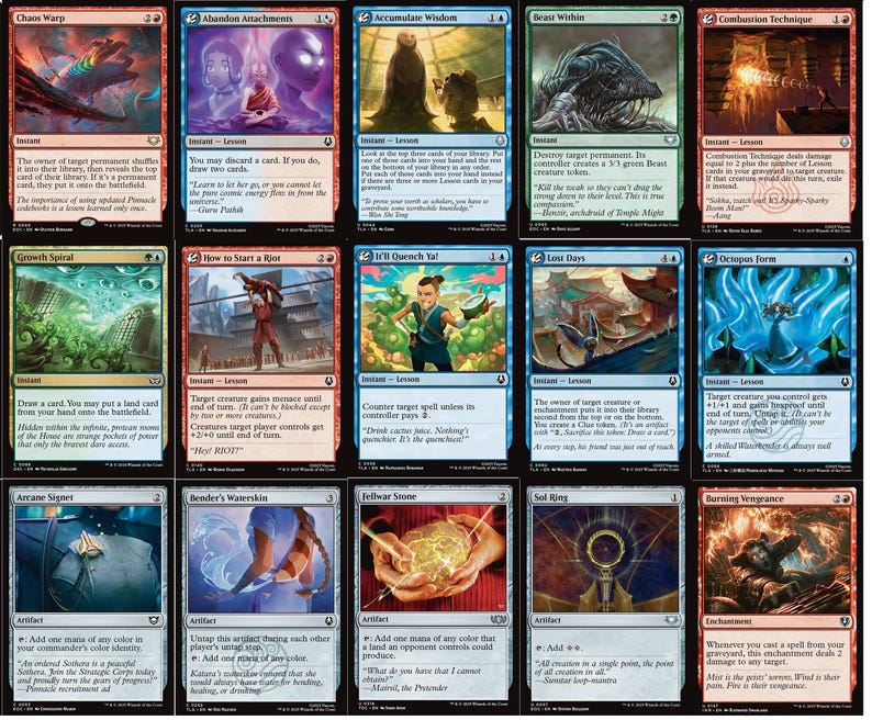 May include: A collection of Magic: The Gathering trading cards. Each card features unique artwork and text, with a variety of colors and themes. The cards are categorized by type, including instants, sorceries, and enchantments.
