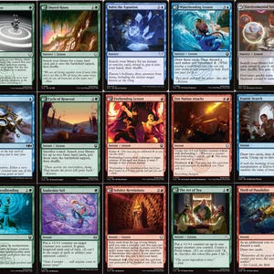 May include: A collection of Magic: The Gathering trading cards. Each card features unique artwork and text, with various colors and themes. The cards are categorized as "Lesson" cards, with titles like "Seismic Sense" and "Firebending Lesson."