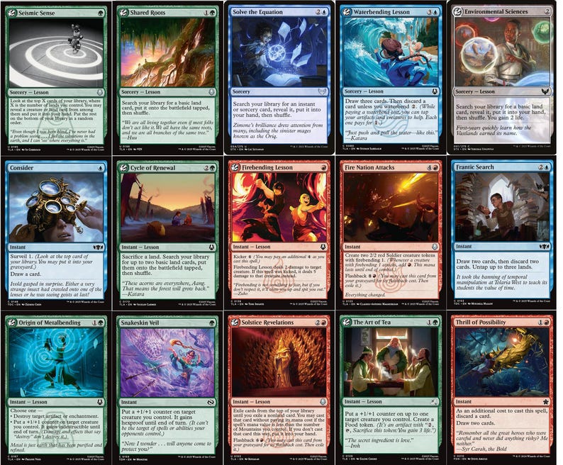 May include: A collection of Magic: The Gathering trading cards. Each card features unique artwork and text, with various colors and themes. The cards are categorized as "Lesson" cards, with titles like "Seismic Sense" and "Firebending Lesson."