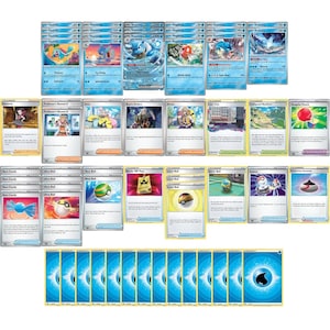 May include: A collection of Pokemon trading cards featuring various characters, including Squirtle, Wartortle, Blastoise, and Magikarp. The cards are in a variety of colors, including blue, red, and yellow. The cards are arranged in a grid pattern on a white background. The cards are all from the Pokemon Trading Card Game.