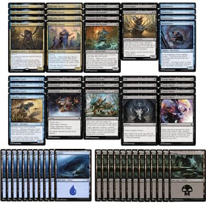 Könnte beinhalten: Eine Sammlung von 60 Magic: The Gathering Karten, darunter Kreaturen, Zauber und Länder. Die Karten zeigen verschiedene Illustrationen und Texte, darunter "Tidecaller Mentor", "Persistent Marshwalker", "Wick's  Fand", "Mindwhisker", "Shoreline Looter", "Early Winter", "Consumed by Greed", "Fell", "Psychic Wharf", "Island", und "Swamp".