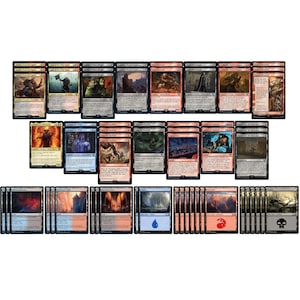 Pode incluir: Um conjunto de 40 cartas de Magic: The Gathering com várias ilustrações de criaturas, paisagens e feitiços. As cartas são pretas, vermelhas e azuis com texto branco. As cartas estão dispostas em linhas e colunas.