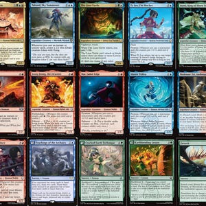 May include: A collection of Magic: The Gathering trading cards. The cards feature various fantasy creatures and characters, with vibrant illustrations and text. The cards are in English and have different mana symbols and abilities.