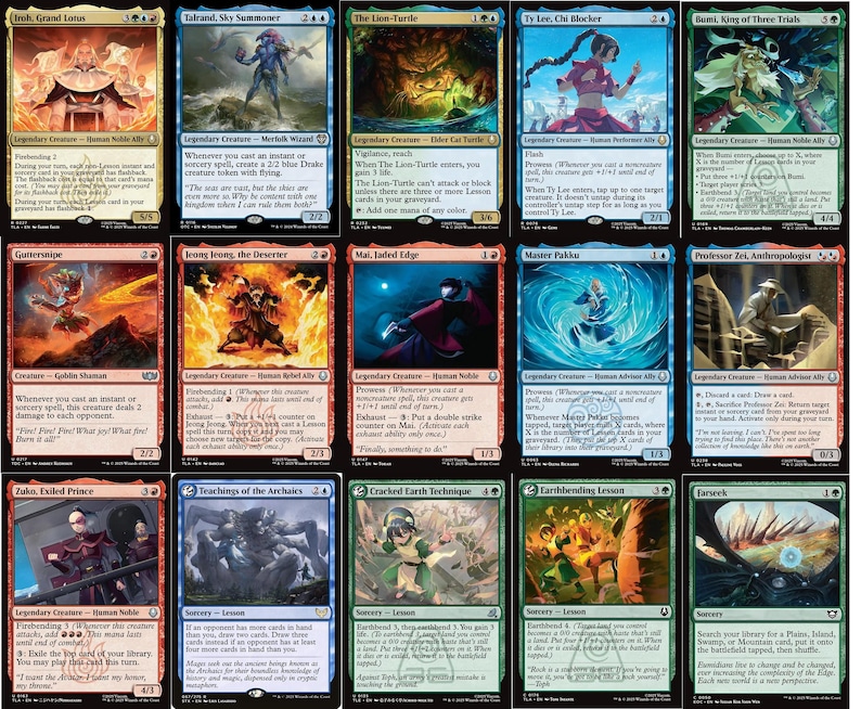 May include: A collection of Magic: The Gathering trading cards. The cards feature various fantasy creatures and characters, with vibrant illustrations and text. The cards are in English and have different mana symbols and abilities.
