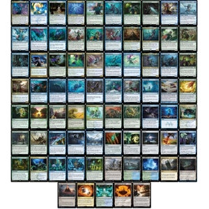 May include: A collection of 75 Magic: The Gathering cards featuring various illustrations of creatures, landscapes, and magical effects. The cards are arranged in a grid pattern and are all from the same set.