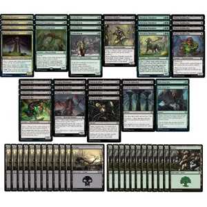 Puede incluir: Una colección de 37 cartas de Magic: The Gathering negras y verdes que representan varias criaturas y hechizos. Las cartas incluyen "Necroplasm Revenant", "Bloated Contaminator", "Cankerbloom", "Simisiter Paladin", "Venomous Brutalizer", "Blightshadow Shambler", "Highlyly Rat", "Stinging Direman", "Drown in Ichor", "Feed the Infection", "Infection Bite", "Swamp", "Forest", y "Swamps".