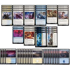 May include: A selection of Magic: The Gathering cards. The cards display diverse illustrations and text, with a colour scheme of blue, white, red, and black. The cards are arranged in rows and columns, showcasing different card types and artwork.