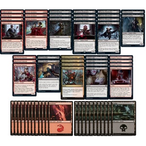Puede incluir: Una colección de 30 cartas coleccionables con ilustraciones de vampiros, magos y otras criaturas de fantasía. Las cartas son negras y rojas con detalles dorados y presentan el texto "Voldaren Epicure", "Olivia's Attendant", "Falkenrath Forbear", "Voldaren Bloodcaster", "Restless Bloodseeker", "Wedding Security", "Blood Petal Celebrant", "Here's Downfall", "Unlicensed Disintegration", "Vampire's Kiss", "Sanguine Statuary", "Mountain", y "Swamp".