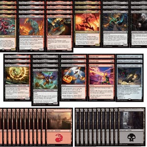Puede incluir: Una colección de cartas coleccionables de Magic: The Gathering. Las cartas presentan varias ilustraciones de criaturas, hechizos y paisajes. La paleta de colores incluye rojo, negro, verde y blanco. Las cartas están diseñadas para el juego y la colección.